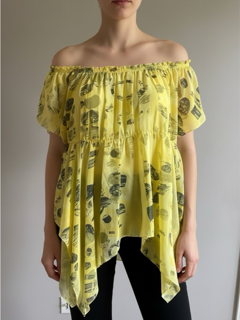 Unique Spectrum Yellow Printed Off-Shoulder Babydoll Tunic